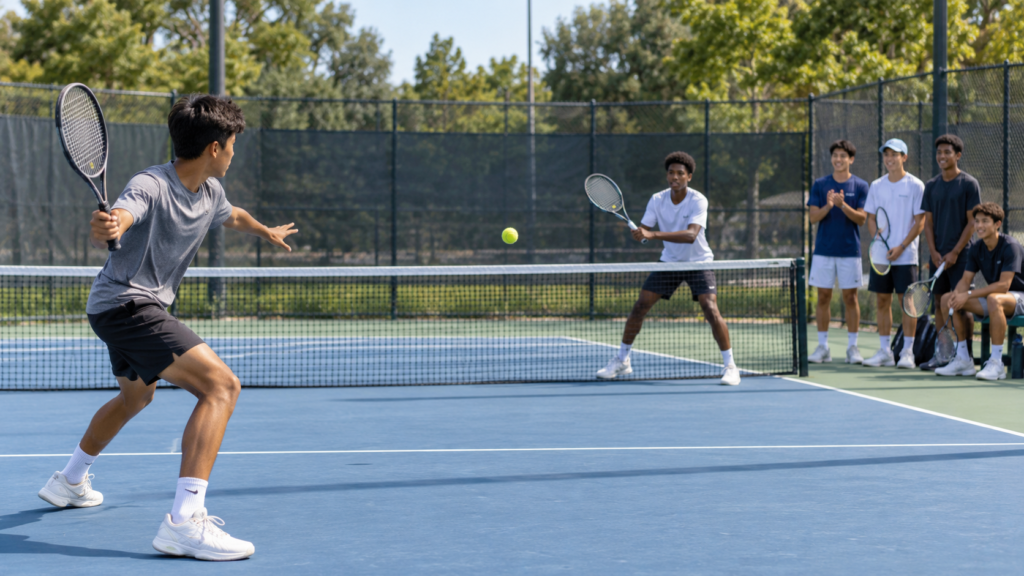 Teenage tennis athletes practicing