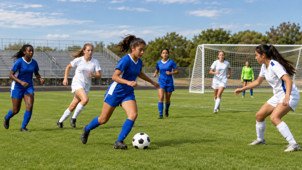 Teenage girls competing in a soccer game